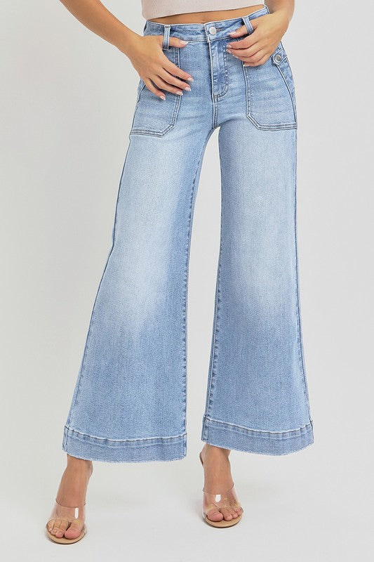 Skyler High Rise Ankle Wide Leg Patch Front Pocket Risen Jeans
