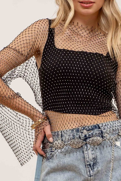 Monroe Black Rhinestone Fishnet Long Sleeve Top