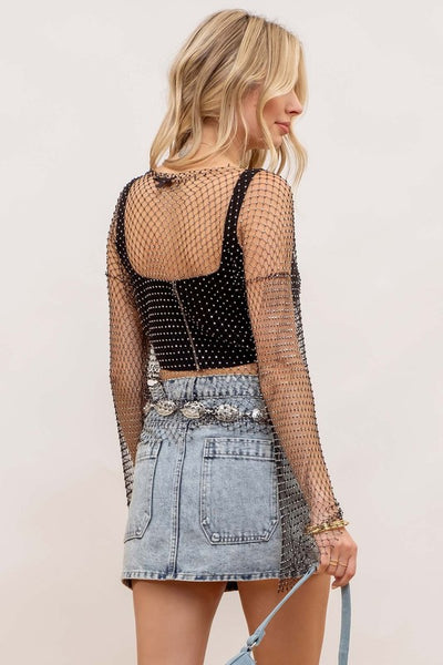 Monroe Black Rhinestone Fishnet Long Sleeve Top