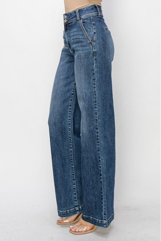RISE☆ Lucy High Rise Double Button Wide Leg Risen Jeans – Classic Trendz