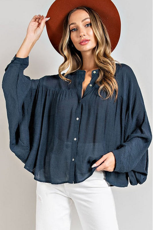 Button Down Dolman Sleeve Blouse 2 Colors