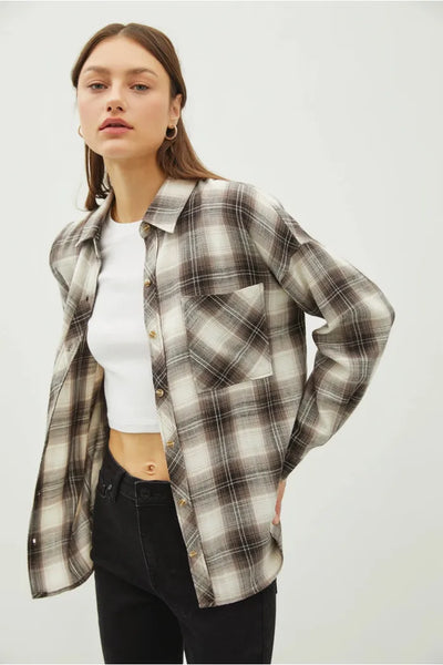 Oakleigh Plaid Oversized  Button Down Flannel Top