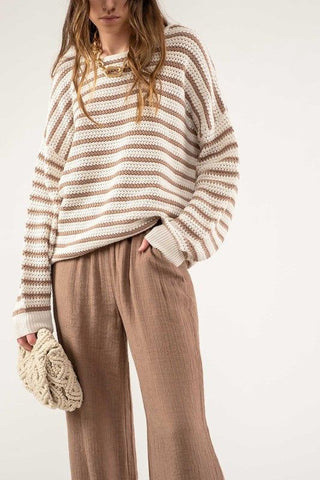 Thea Taupe & Cream Striped Sweater Top