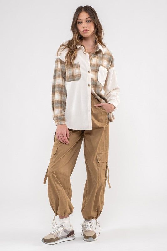 Dakota Corduroy Plaid Color Block Button Up Top