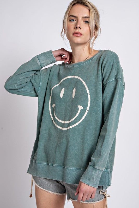 Smiley Face Mineral Washed Sweatshirt 2 Colors