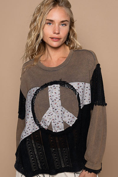 Myla Oversize Long Sleeve Crochet Print Peace Sign Top