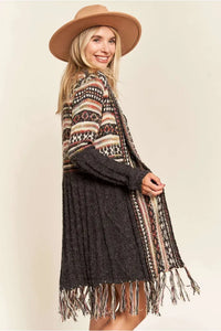 Cecelia Tribal Print Fringe Open Front Cardigan