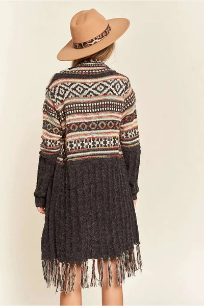 Cecelia Tribal Print Fringe Open Front Cardigan