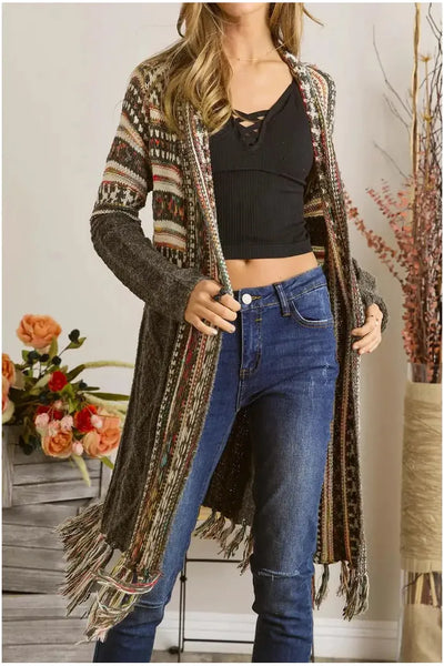 Cecelia Tribal Print Fringe Open Front Cardigan