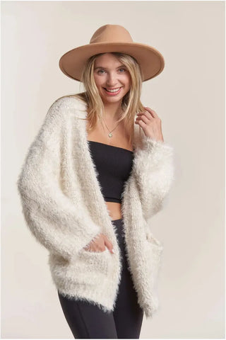 Ivory Open Front Fuzzy Cardigan With Lurex & Pockets