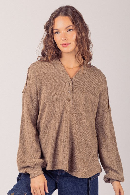 Mariana Oversized Knit Henley Hoodie Top