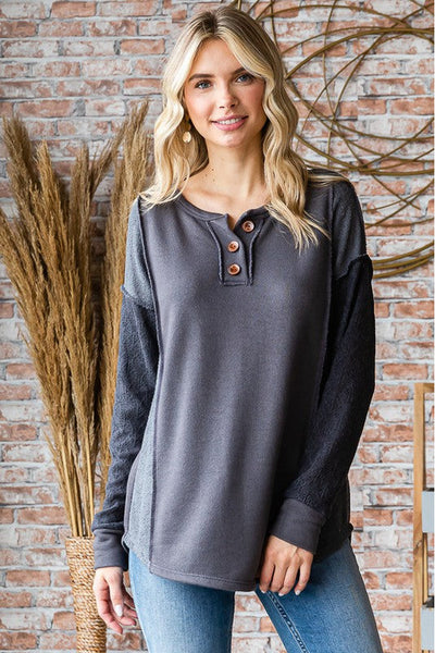 Aimee Lace Accent 3 Button Long Sleeve Top