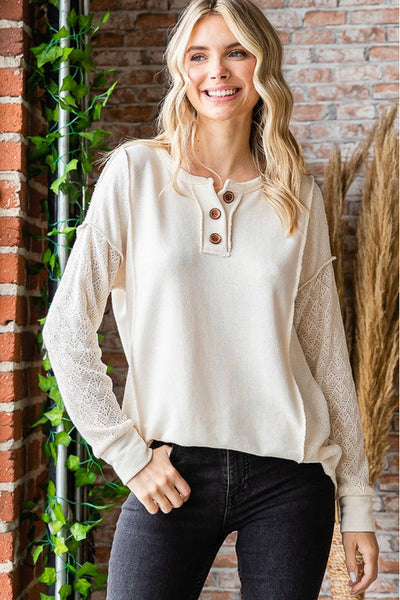 Aimee Lace Accent 3 Button Long Sleeve Top