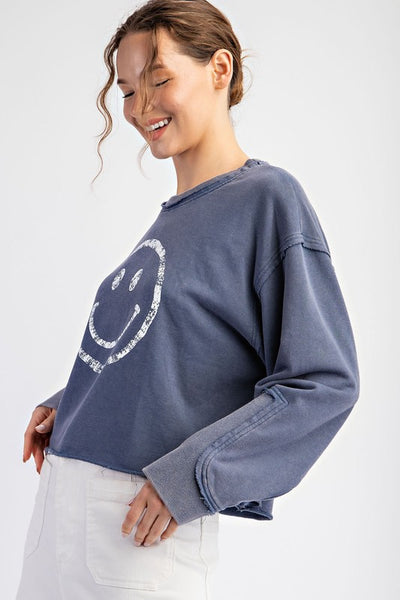 Emely Smile Print Mineral Wash Long Sleeve Sweatshirt