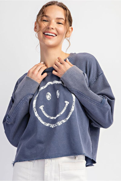 Emely Smile Print Mineral Wash Long Sleeve Sweatshirt