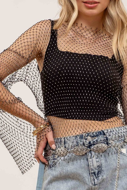 Monroe Black Rhinestone Fishnet Long Sleeve Top – Classic
