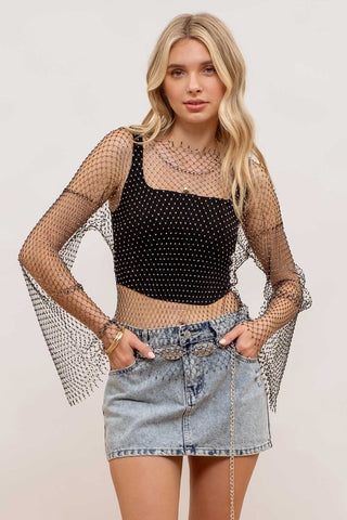 Monroe Black Rhinestone Fishnet Long Sleeve Top