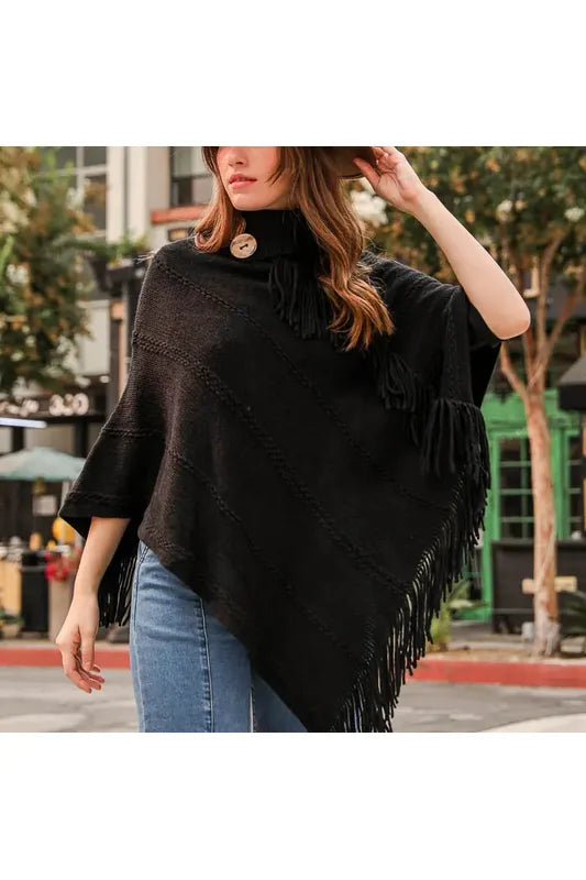 Mae Button Neck Fringe Poncho 2 Colors