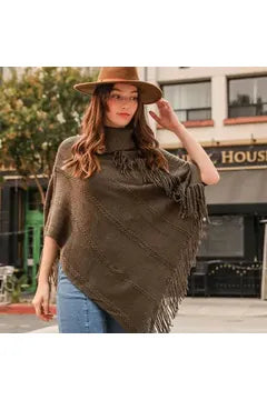 Mae Button Neck Fringe Poncho 2 Colors