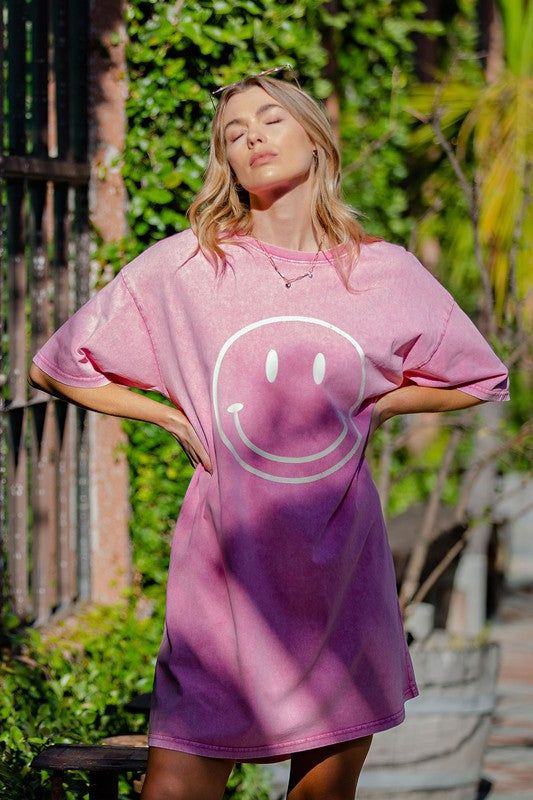 Pink Smiley Mineral Washed Cotton T-Shirt Dress