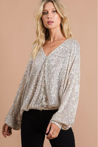 Sequin V Neck Top With Bubble Sleeves 2 Colors