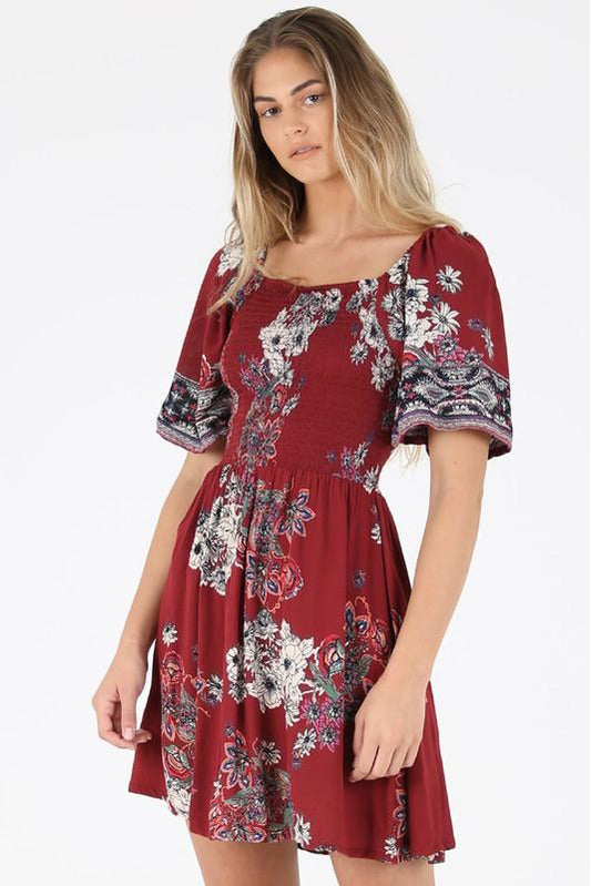 Burgundy Floral Off The Shoulder Dress