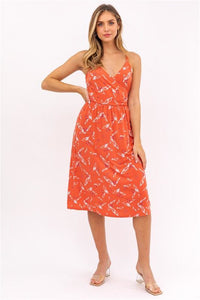 Orange Sleeveless Faux Wrap Midi Dress