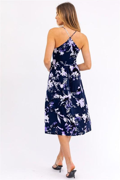 Navy & Lavender Faux Wrap Midi Dress