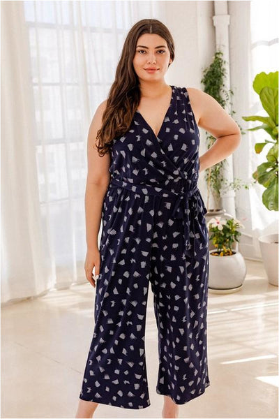 Navy Blue Abstract Print Curvy Jumpsuit