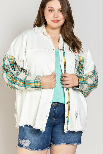 Distressed Plaid Sleeve Curvy Shacket
