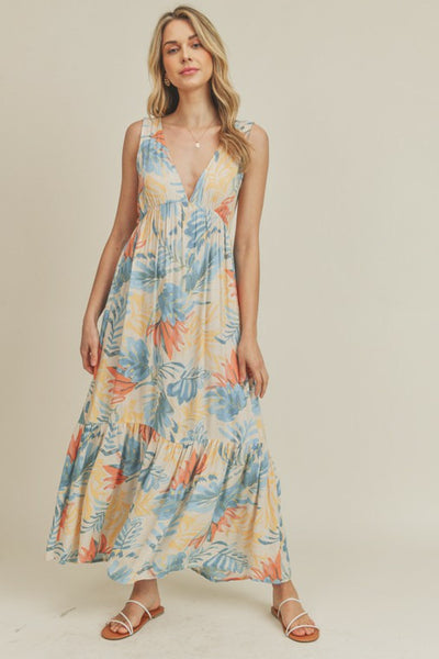 Pastel Leaf Print Maxi Dress