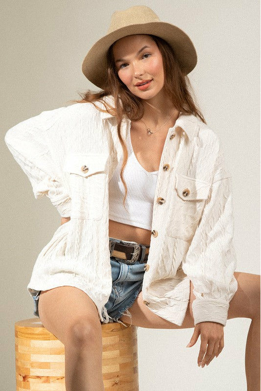 Cream Cable Knit Collared Shacket