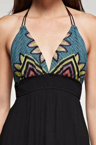 Black Embroidered Halter Mini Dress