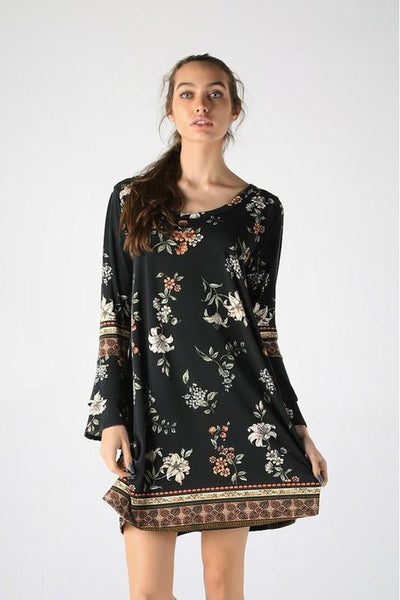 Black Floral Long Sleeve Midi Dress