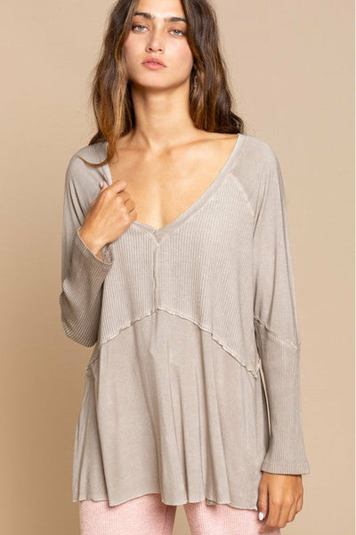 Ribbed Long Sleeve Raw Edge Detail Top 3 Colors