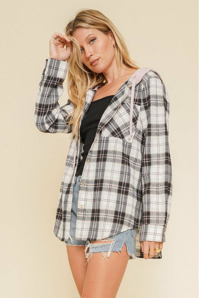 French Terry Plaid Hoodie Shacket 2 Colors