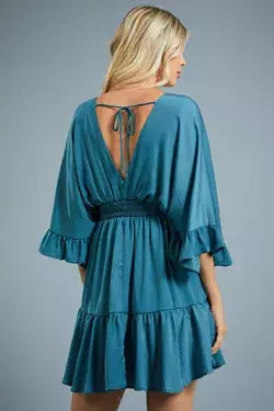 Teal Wrap Front Flutter Sleeve Dress