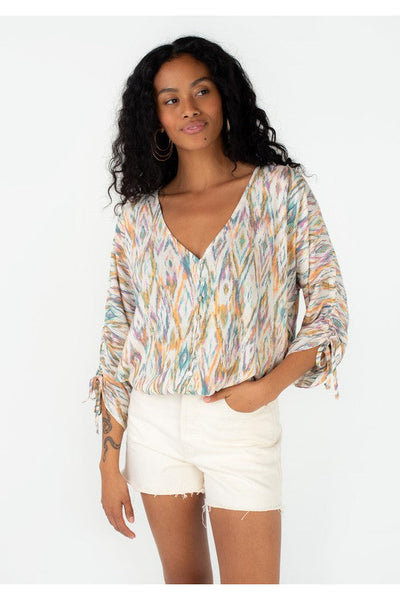 Geo Print Ruched Sleeve Blouse