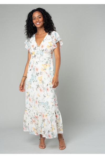 White Floral Flutter Sleeve Maxi Dress