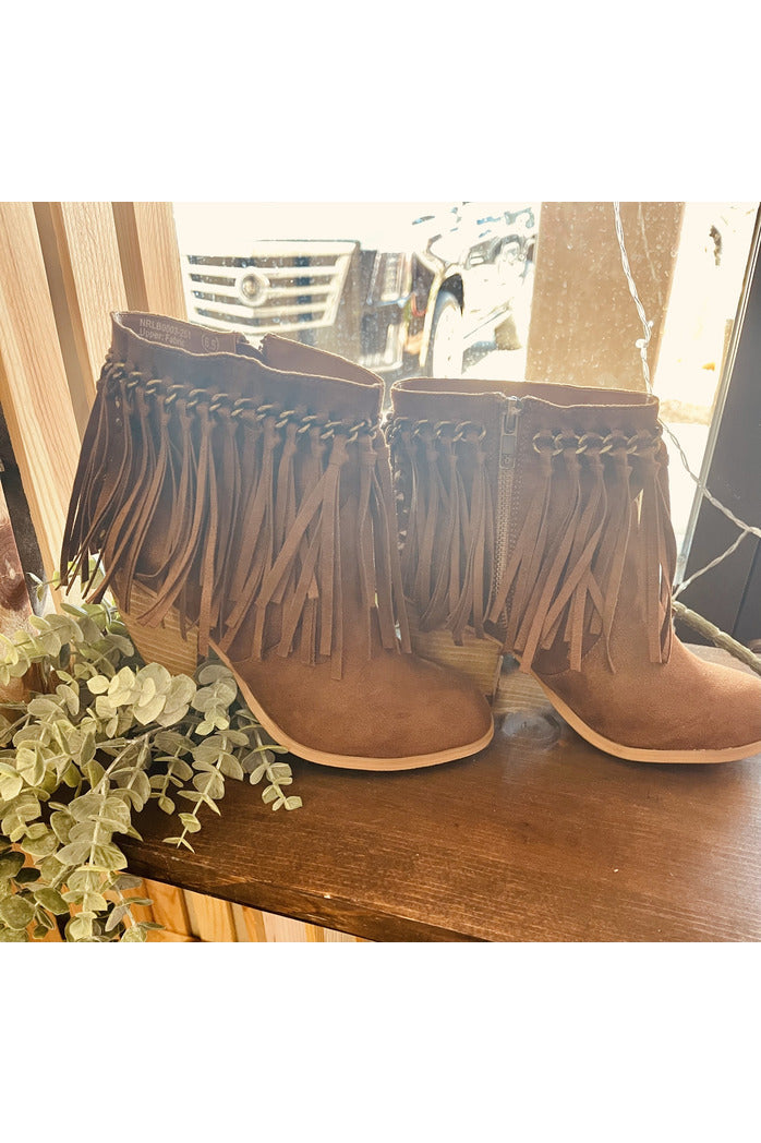 Cognac Fringe Bootie With Chain Detail