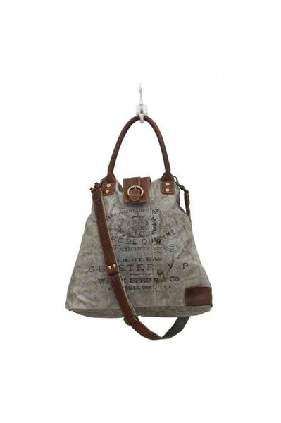 Printed Green Canvas & Leather Handbag