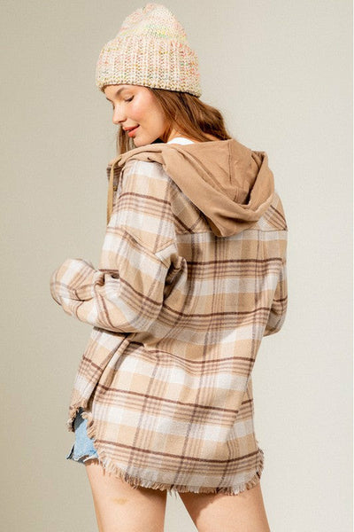 Plaid Hooded Frayed Shacket 2 Colors