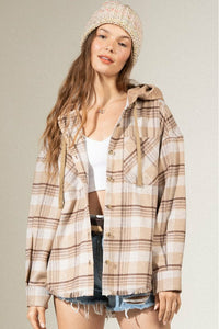 Plaid Hooded Frayed Shacket 2 Colors