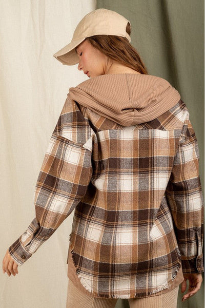 Waffle Knit Detailed Hooded Plaid Jacket 3 Colors