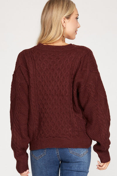 Long Sleeve V Neck Cable Knit Sweater 2 Colors