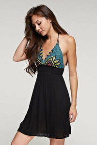 Black Embroidered Halter Mini Dress
