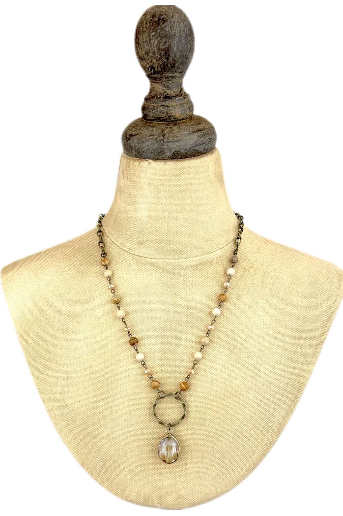 Hammered Metal Circle and Oval Crystal Pendant Necklace