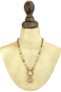 Hammered Metal Circle and Oval Crystal Pendant Necklace