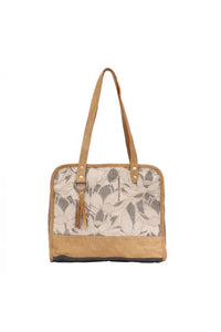 Leaf Print Canvas Leather Tote Handbag