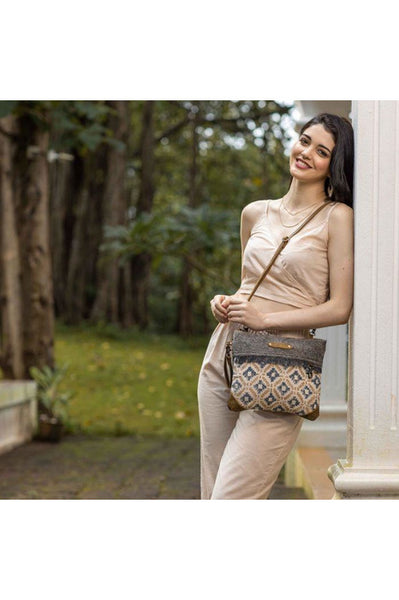 Blue & Mustard Print Rug Canvas & Leather Handbag